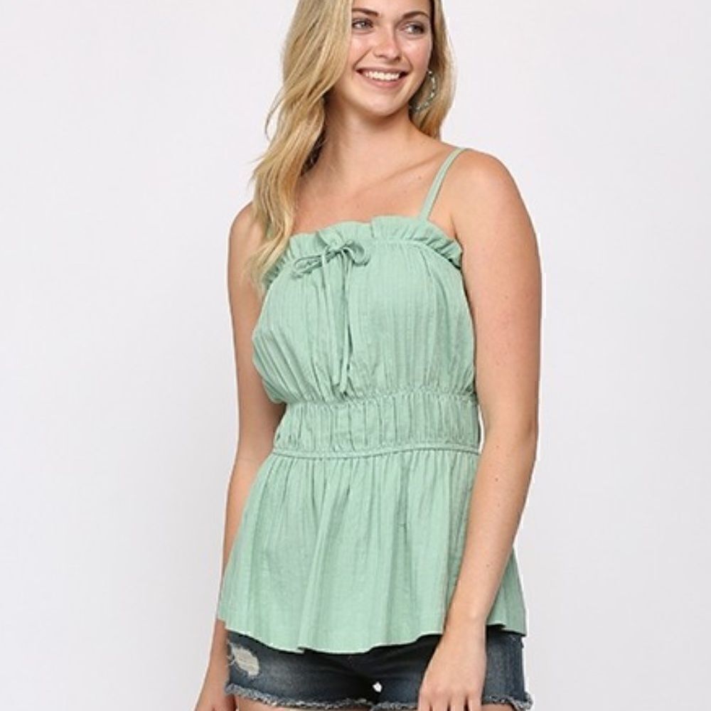 NWT! Gigio Boho Solid Woven and Smocked Waist Sleeveless Top with Ruffle